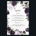 Elegant Purple and Gold Green Wedding Menu Cards<br><div class="desc">Design features light and dark purple shades of watercolor rose and peony flowers over botanical eucalyptus and other elegant greenery elements that form a wreath. Design also features hints of vintage gold leaf elements to add additional elegance to the overall design. The back is set to a dark purple shade....</div>