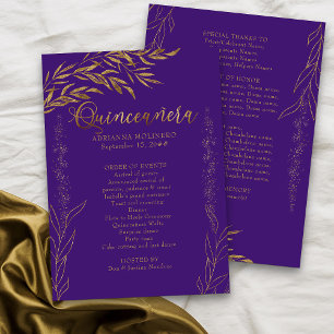 Elegant Purple and Gold Leaf Quinceanera Program