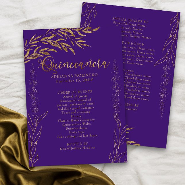 Elegant Purple and Gold Leaf Quinceanera Program (Purple Program from my Gold Leaf Quinceanera Collection)