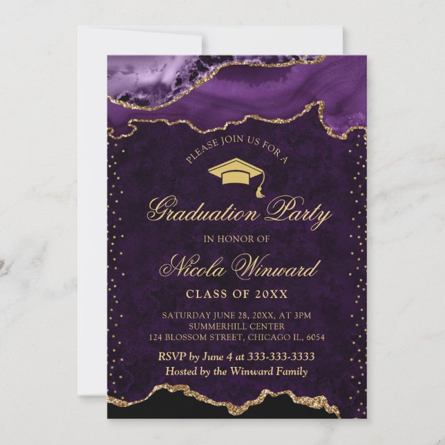 Elegant Purple and Gold Marble Agate Graduation Invitation (Front)