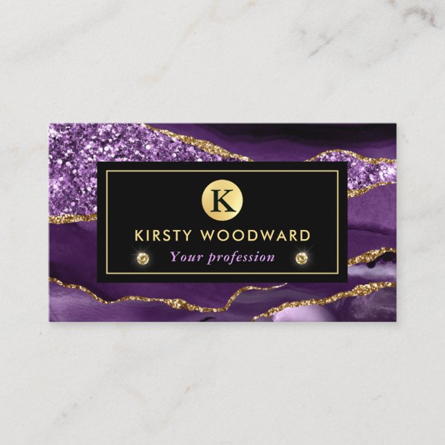Elegant Purple and Gold Ocean Glitter Agate Business Card (Front)