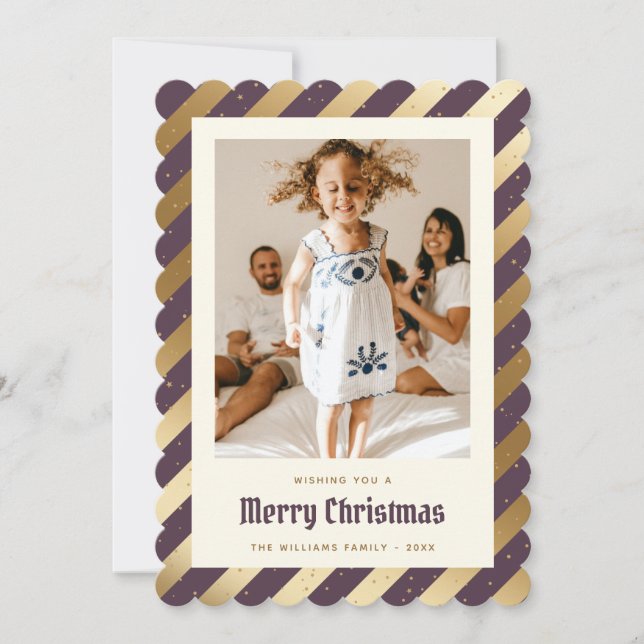 Elegant Purple and Gold Photo Merry Christmas Holiday Card (Front)