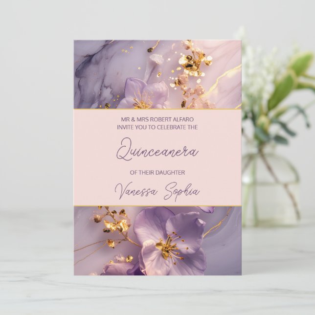 Elegant Purple and Gold Quinceañera Invitation (Standing Front)