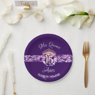 Elegant Purple and Gold Quinceañera Spanish Paper Plate