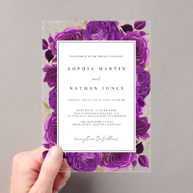 Elegant Purple And Gold Rose Clear Wedding Acrylic Invitations (Insitu (Handheld))