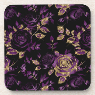 Elegant Purple and Gold Rose Floral Pattern Coaster