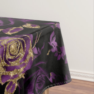 Elegant Purple and Gold Rose Floral Pattern Tablecloth