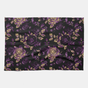 Elegant Purple and Gold Rose Floral Pattern Tea Towel