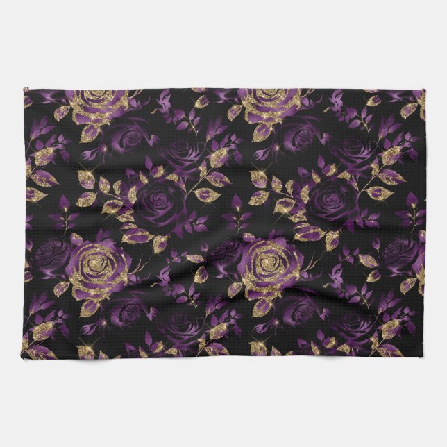 Elegant Purple and Gold Rose Floral Pattern Tea Towel (Horizontal)