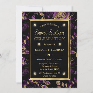 Elegant Purple and Gold Rose Floral Sweet 16 Invitation