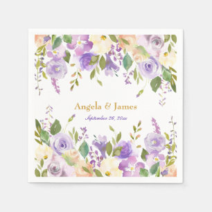 Elegant Purple and Gold Watercolor Floral Wedding Napkin