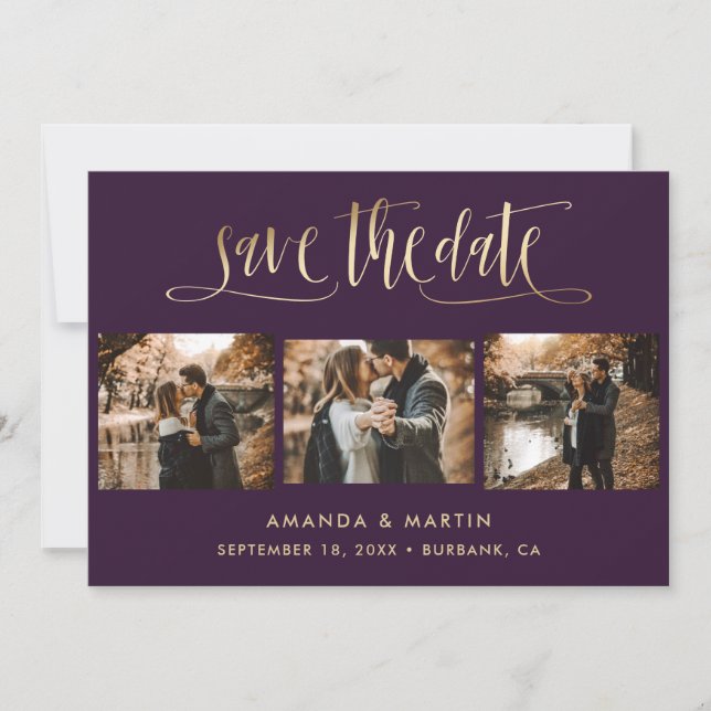 Elegant Purple and Gold Wedding 3 Photo Save The Date (Front)