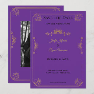 Elegant purple and gold wedding save the date announcement
