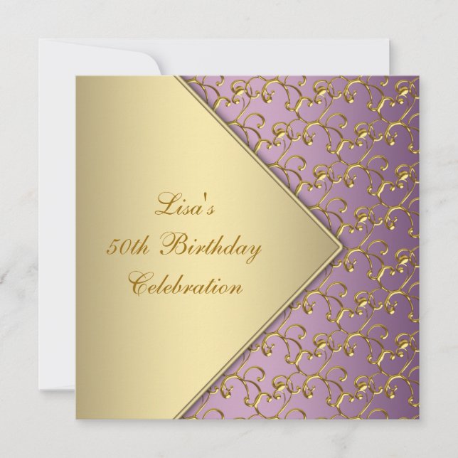 Elegant Purple and Gold Womans 50th Birthday Party Invitation (Front)