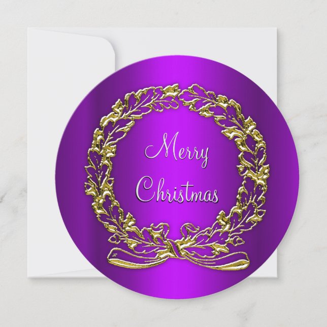 Elegant Purple and Gold Wreath Christmas Holiday Card (Front)