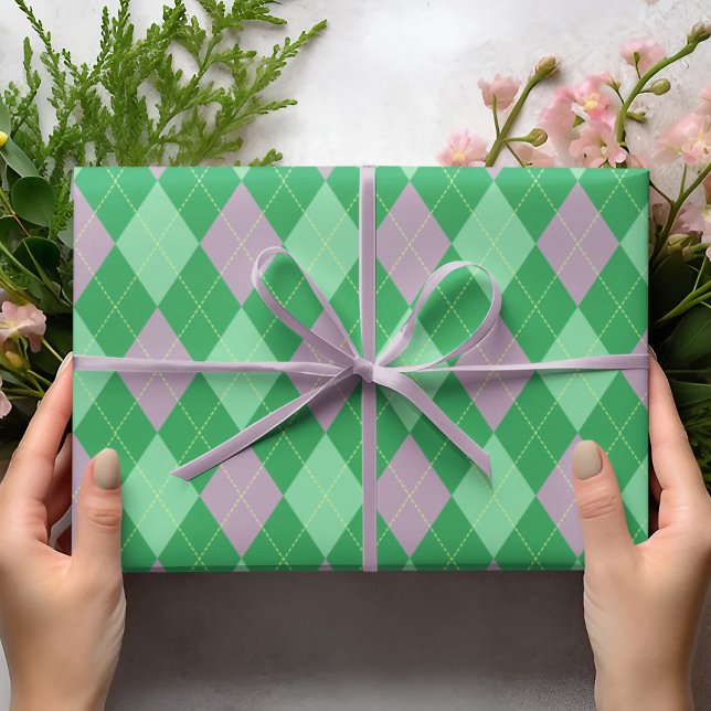 Elegant Purple and Green Argyle Pattern Girl Wrapping Paper (Cute Green & Purple Argyle Pattern. Childrens Birthdays, St Patrick's Day. Green & Purple Diamonds.)