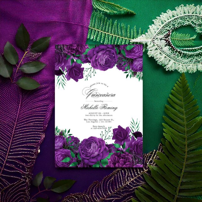 Elegant Purple and Green Floral Quinceañera Photo Invitation (Elegant Purple and Green Floral Quinceañera Photo Invitation)