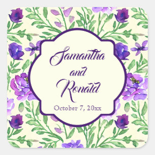 Elegant Purple and Green Floral Watercolor Wedding Square Sticker