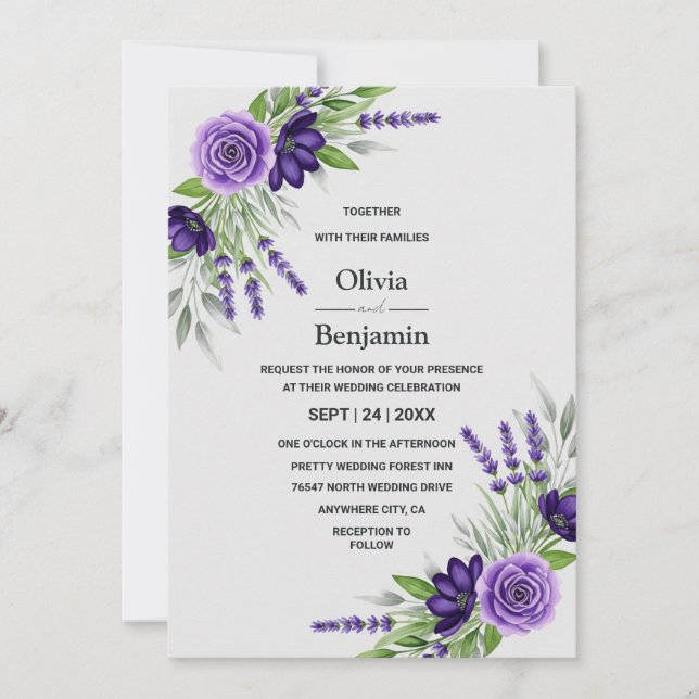Elegant Purple and Ivory Floral Wedding Invitation (Front)