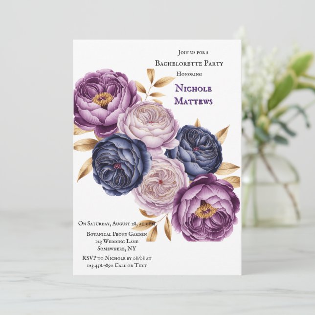 Elegant Purple and Magenta Peony Bachelotte Party Invitation (Standing Front)