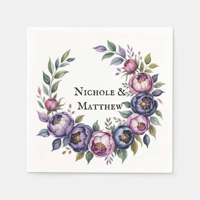 Elegant Purple and Magenta Peony Bouquet Wedding Napkin (Front)