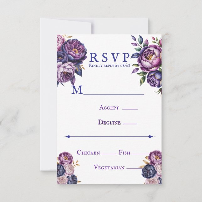 Elegant Purple and Magenta Peony Wedding  RSVP Card (Front)