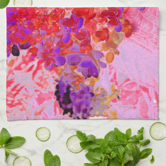 Elegant Purple and Orange Limelight Hydrangea Tea Towel (Folded)