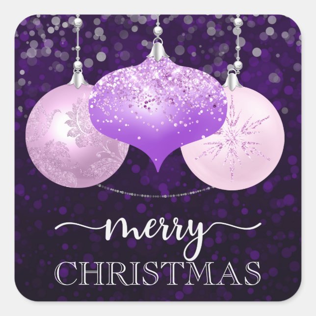 Elegant Purple and Pink Baubles Merry Christmas Square Sticker (Front)