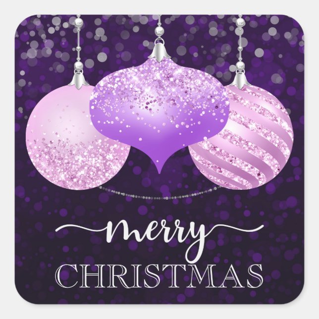 Elegant Purple and Pink Baubles Merry Christmas Square Sticker (Front)