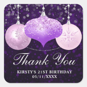Elegant Purple and Pink Christmas Baubles Birthday Square Sticker