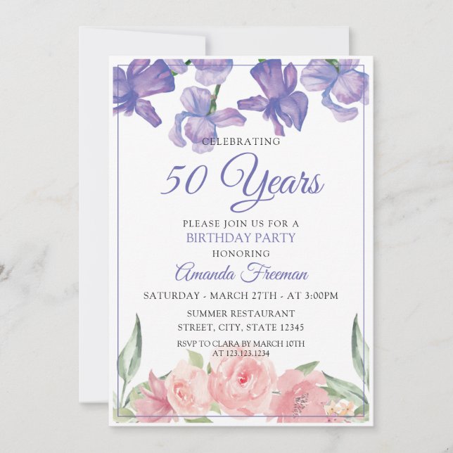 Elegant Purple and Pink Roses Mother Birthday Invitation (Front)