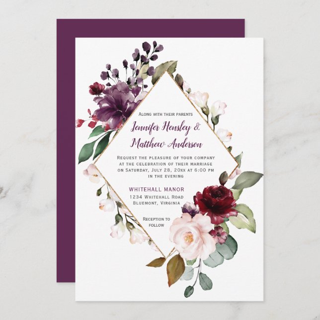 Elegant Purple and Red Floral Framed Wedding Invitation (Front/Back)