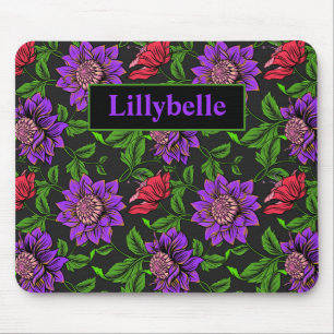 Elegant Purple And Red Flower Black Background Mou Mouse Pad