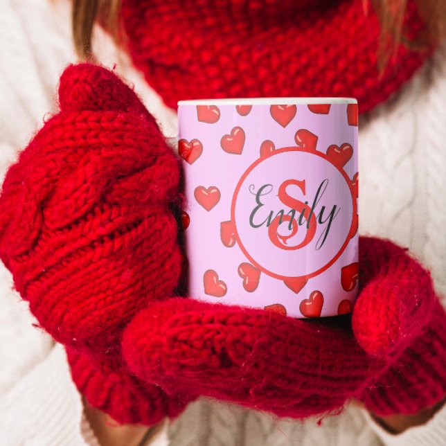 Elegant purple and Red heart pattern monogrammed Coffee Mug (Creator Uploaded)
