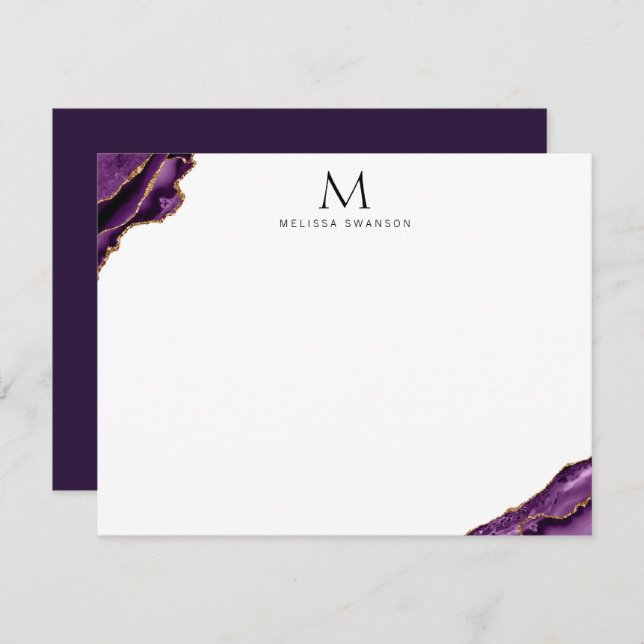 elegant purple and rose gold monogram note card (Front/Back)