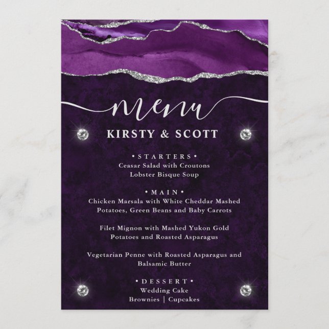 Elegant Purple and Silver Agate Wedding Menu (Front)