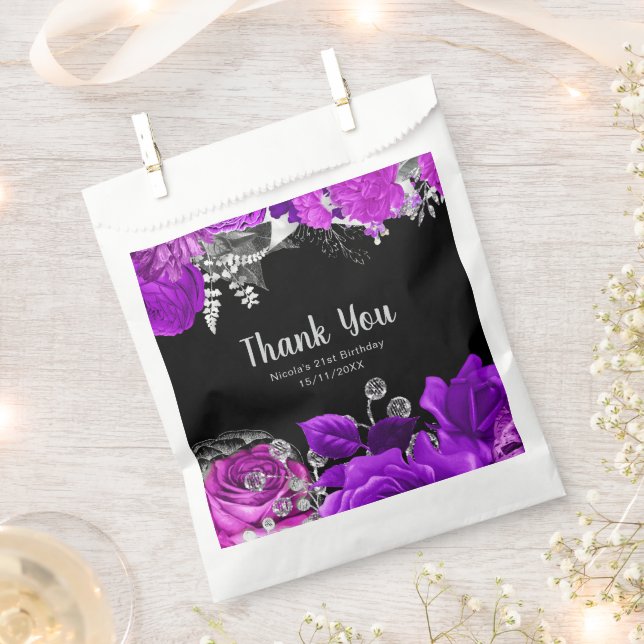 Elegant Purple and Silver Flowers Birthday Party  Favour Bag (Clipped)
