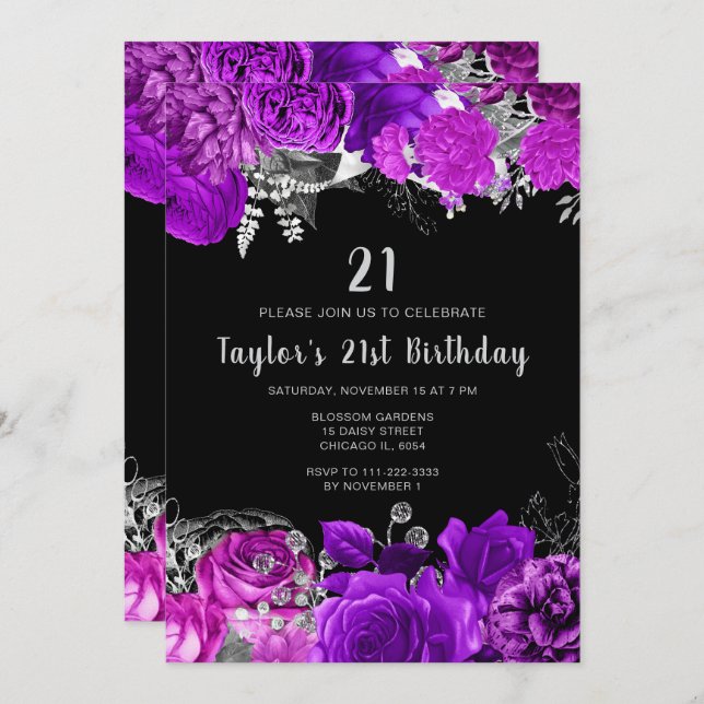 Elegant Purple and Silver Flowers Birthday Party Invitation (Front/Back)