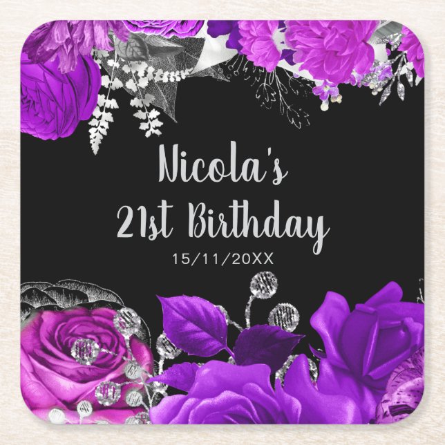 Elegant Purple and Silver Flowers Birthday Party  Square Paper Coaster (Front)