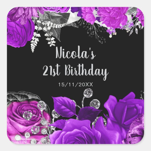 Elegant Purple and Silver Flowers Birthday Party  Square Sticker (Front)