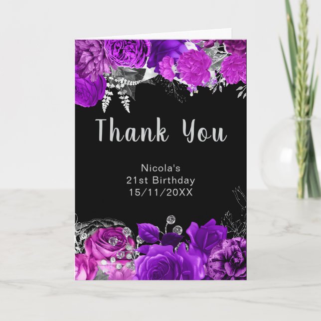 Elegant Purple and Silver Flowers Birthday Party  Thank You Card (Front)