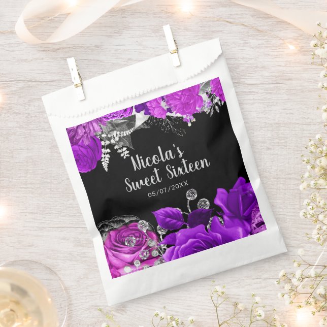 Elegant Purple and Silver Flowers Sweet Sixteen  Favour Bag (Clipped)