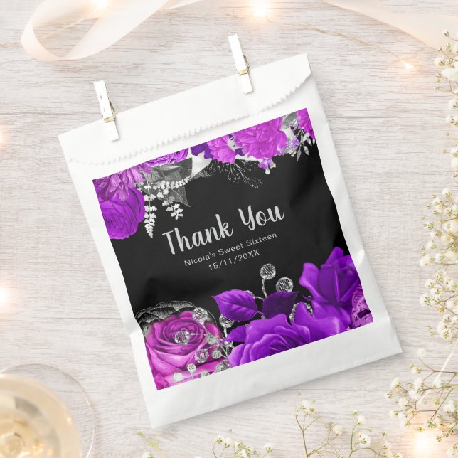 Elegant Purple and Silver Flowers Sweet Sixteen Favour Bag (Clipped)