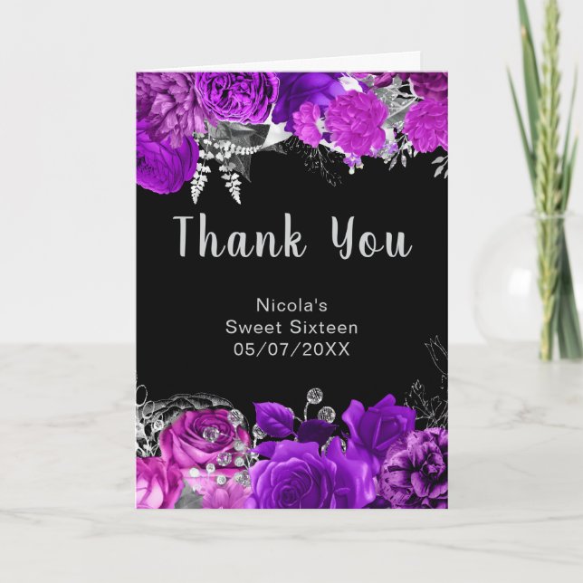 Elegant Purple and Silver Flowers Sweet Sixteen Thank You Card (Front)