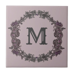 Elegant Purple and Silver Framed Monogram  Ceramic Tile