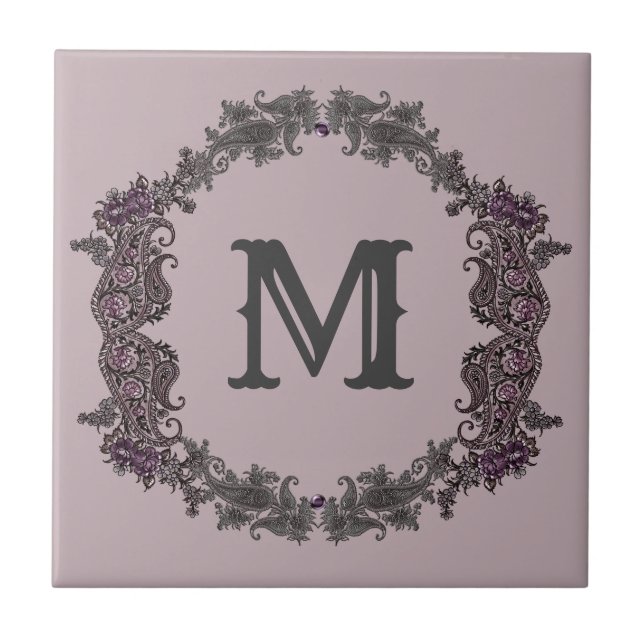 Elegant Purple and Silver Framed Monogram  Ceramic Tile (Front)
