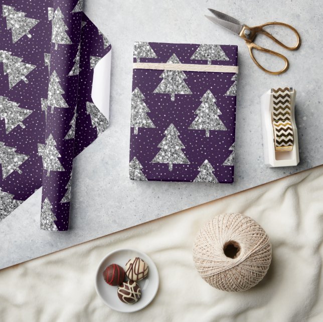 Elegant Purple and Silver Glitter Christmas Tree  Wrapping Paper (Crafts)