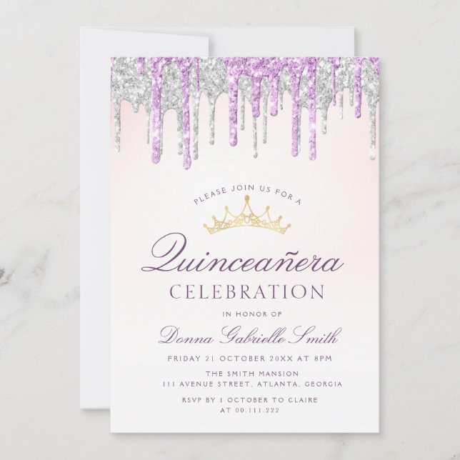 Elegant purple and silver glitter Quinceanera Invitation (Front)