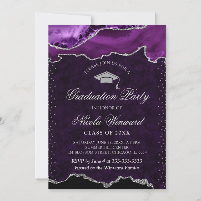 Elegant Purple and Silver Marble Agate Graduation Invitation (Front)