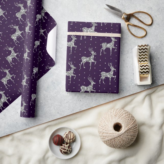 Elegant Purple and Silver Reindeer Christmas Wrapping Paper (Crafts)